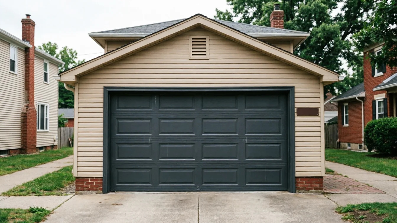 The garage door is dark gray with panels, on a tan house with siding.