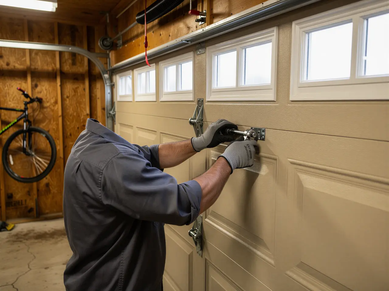A technician adjusts a tan garage door with windows.