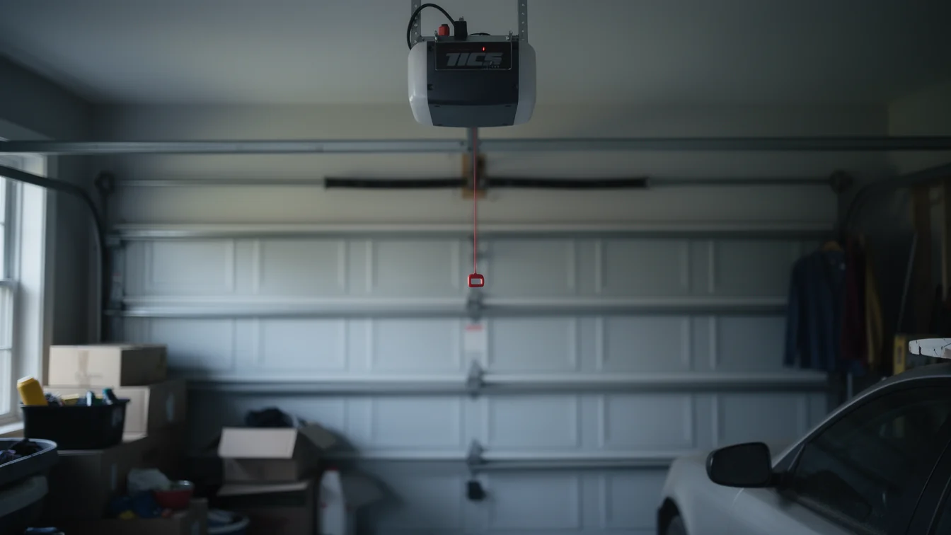 A garage door opener hangs from the ceiling above a closed white garage door.