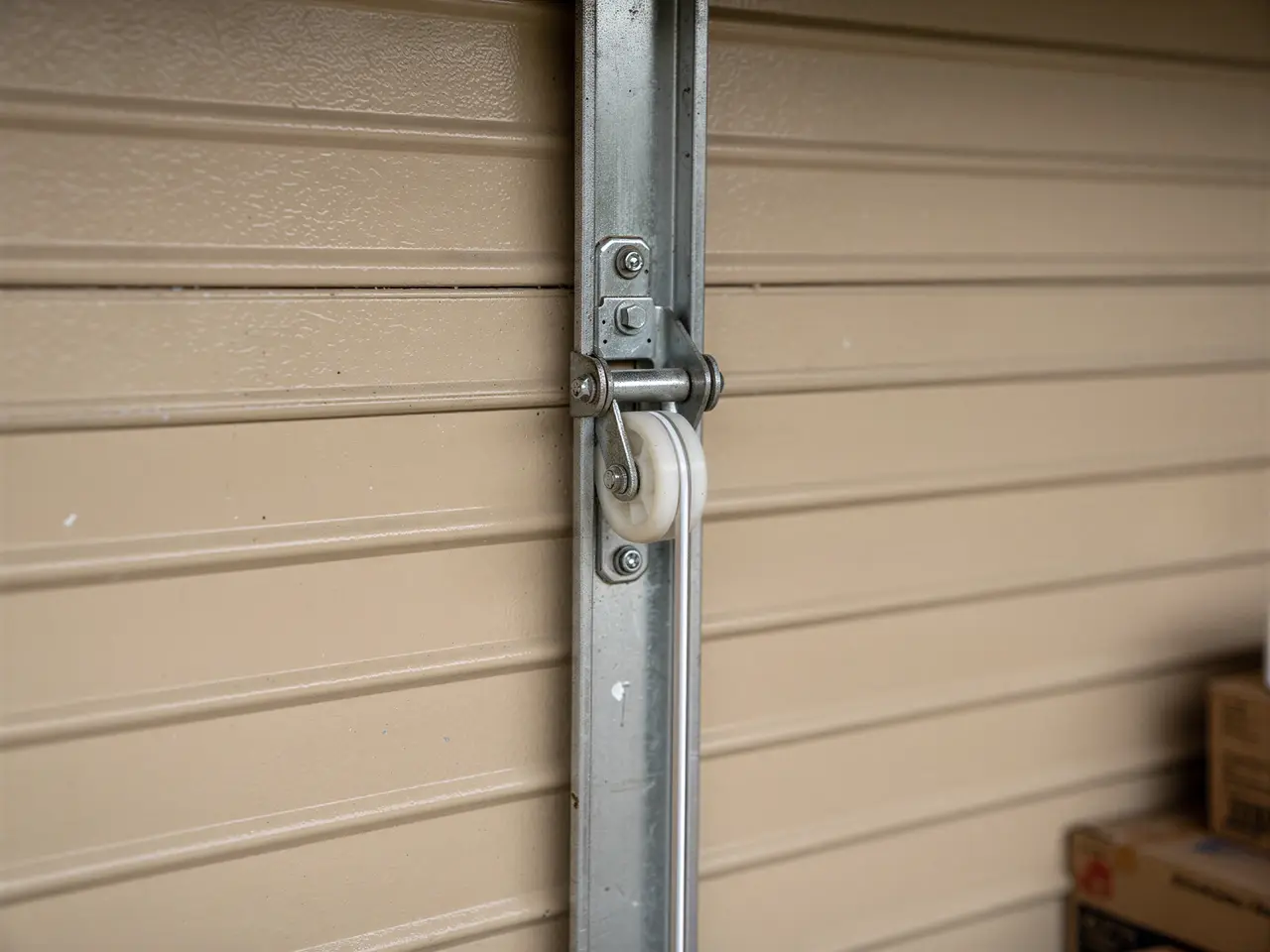 A white roller is attached to a metal track next to a tan garage door.