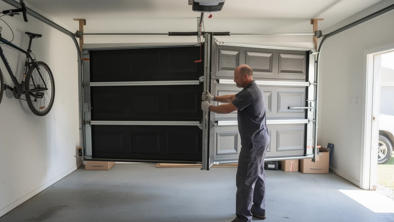 A technician is installing a new garage door with black and gray panels.