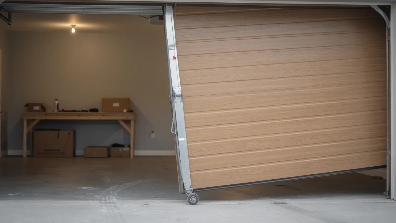 A brown garage door is off its tracks and crooked.