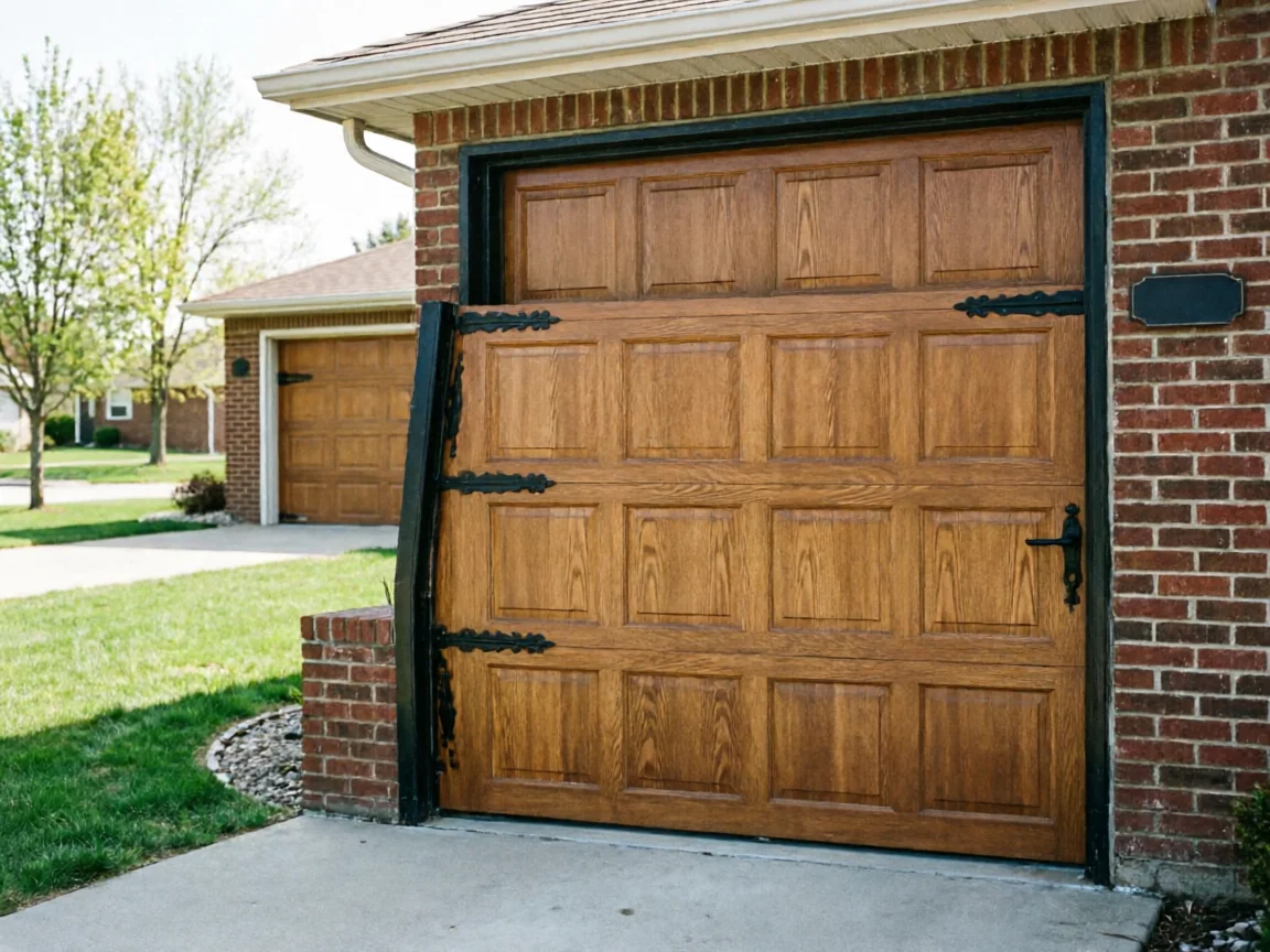 The garage door is partially open and appears to be off its track.